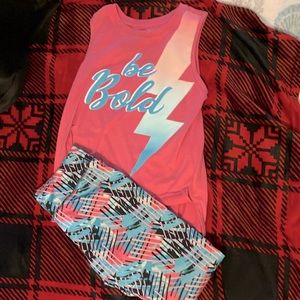 Two-piece, pink and blue tank top with leggings